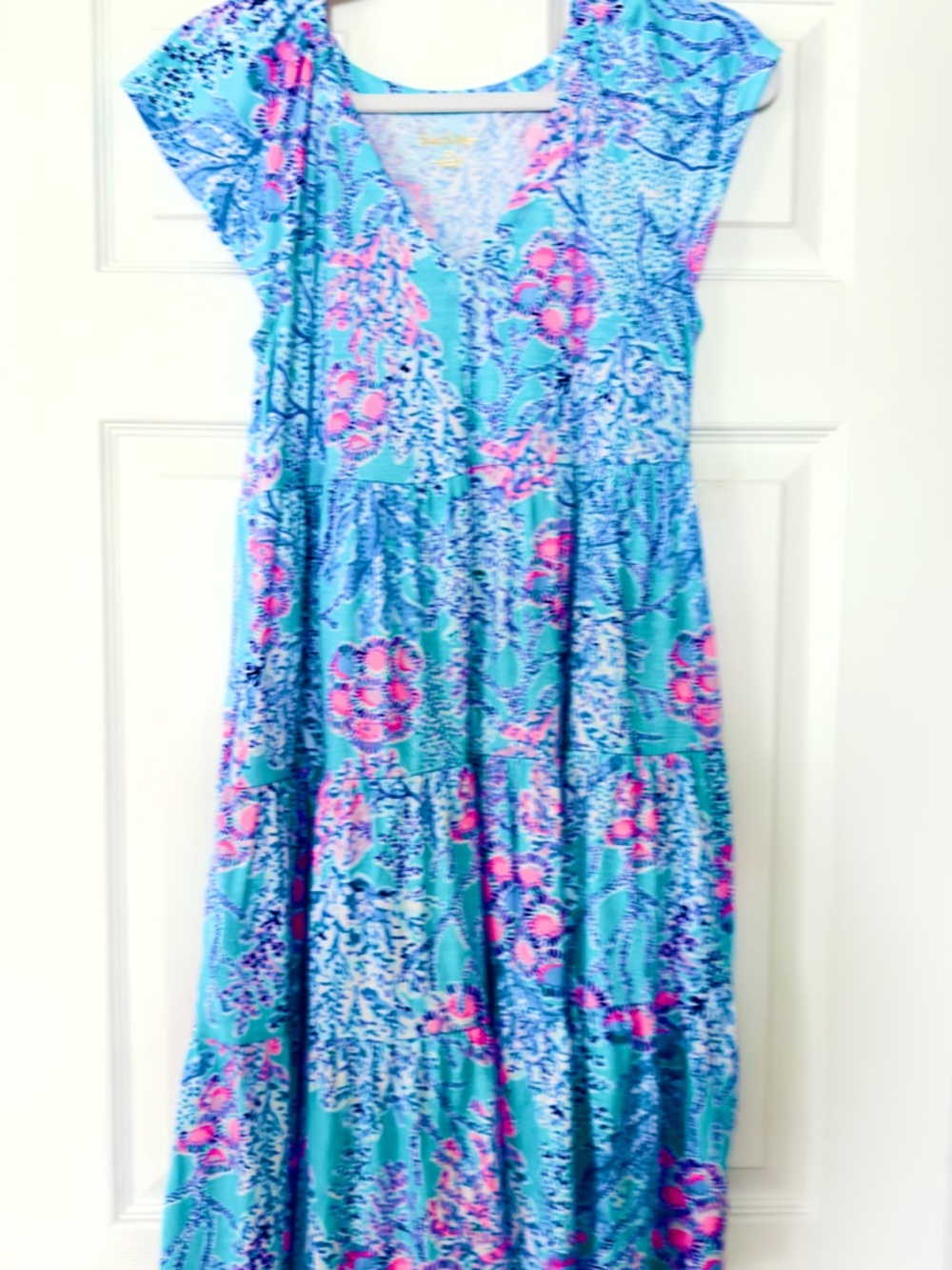 Lilly Pulitzer Teal Floral V-Neck Dress with Pink Accents